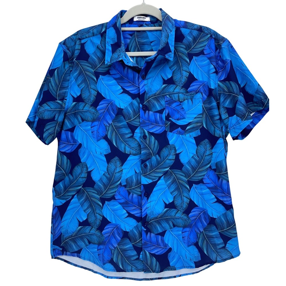 COOFANDY Blue Tropical Leaf Print Button Down Shirt Size L Short Sleeve Casual
